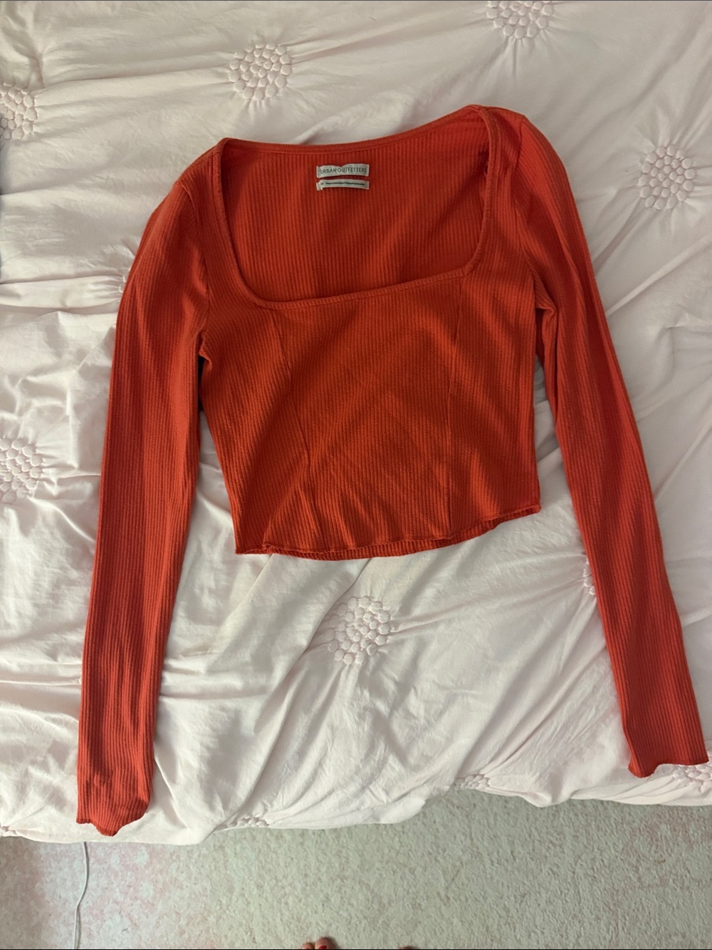 Urban Outfitters Ribbed Square-Neck Long Sleeve Crop Top - Orange